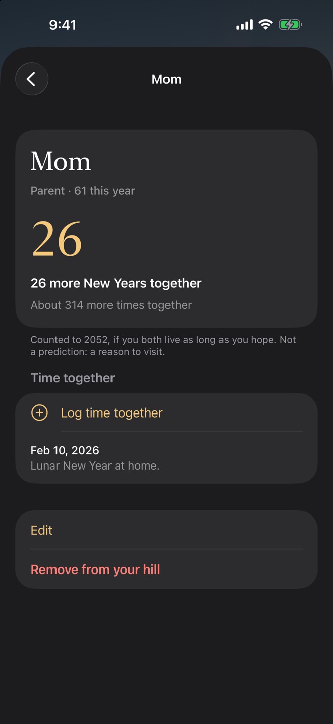 Mom's page: 26 more New Years together, about 314 more times together, and a visit logged at Lunar New Year.