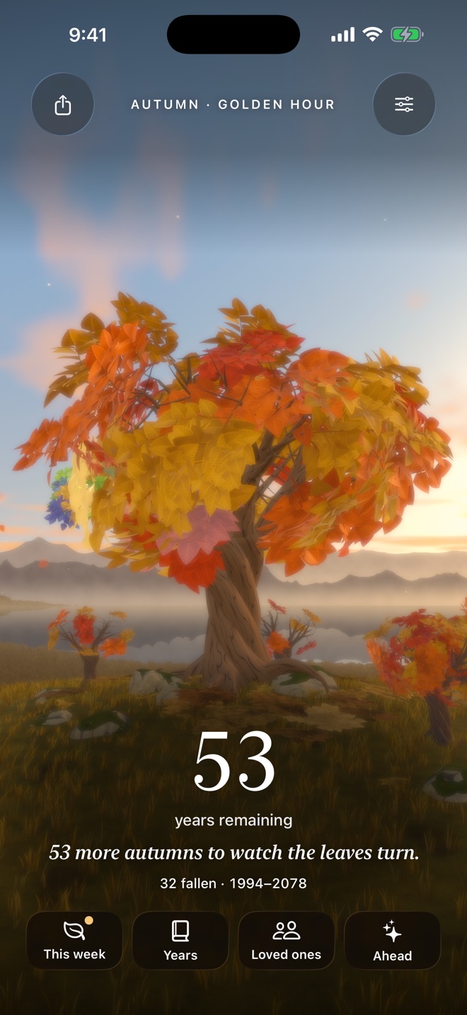 A large autumn tree at golden hour above a misty lake, with 53 years remaining and four buttons: This week, Years, Loved ones and Ahead.