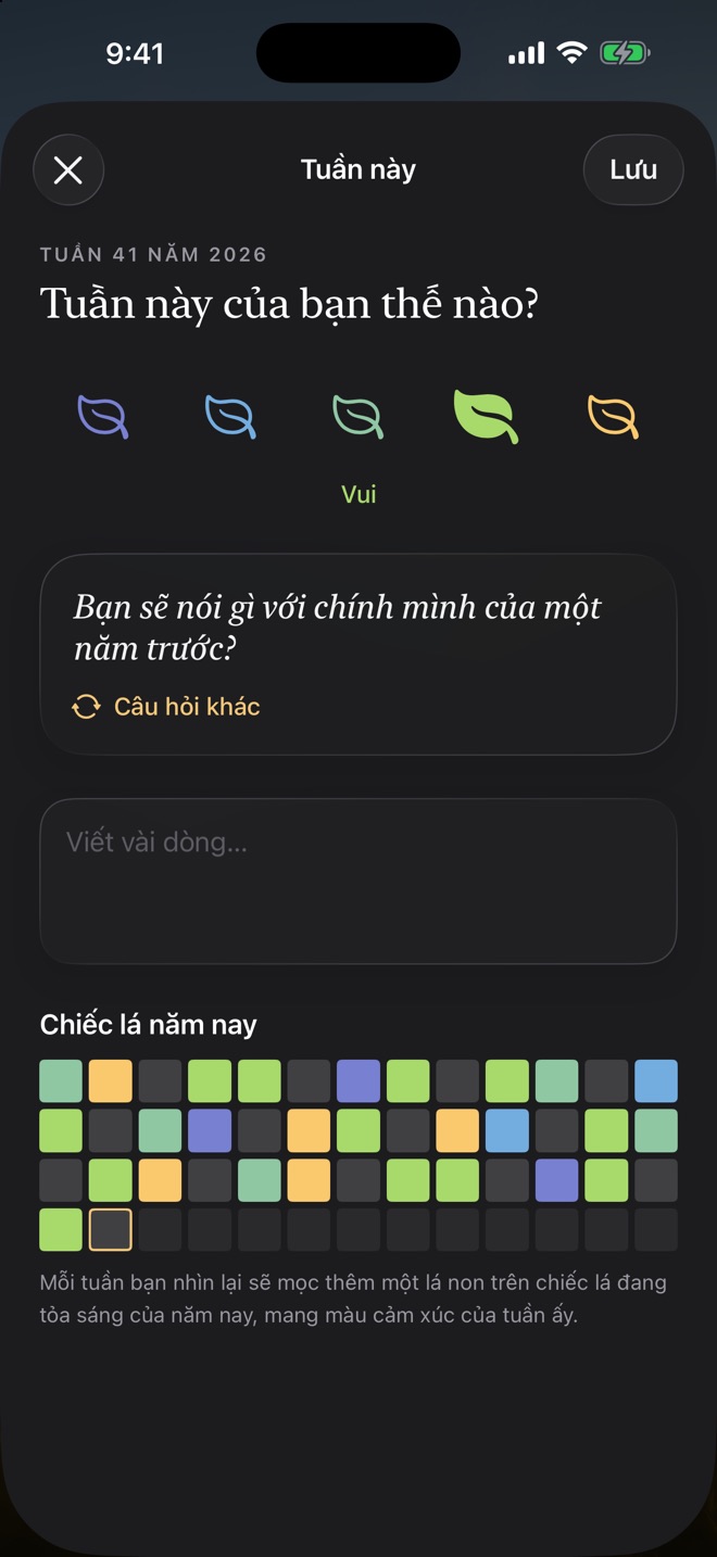 Tuần này: năm chiếc lá màu cho cảm xúc của tuần, một câu hỏi để nhìn lại, và các tuần của năm nay dưới dạng ô màu.